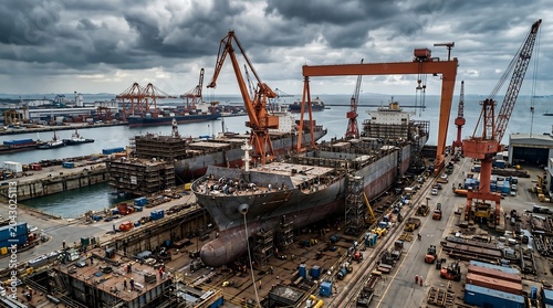 Industrial shipyard with cranes and boats in harbor