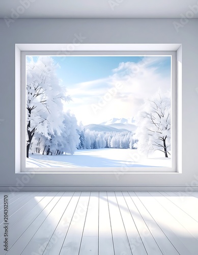 A serene winter scene through a large window in a room