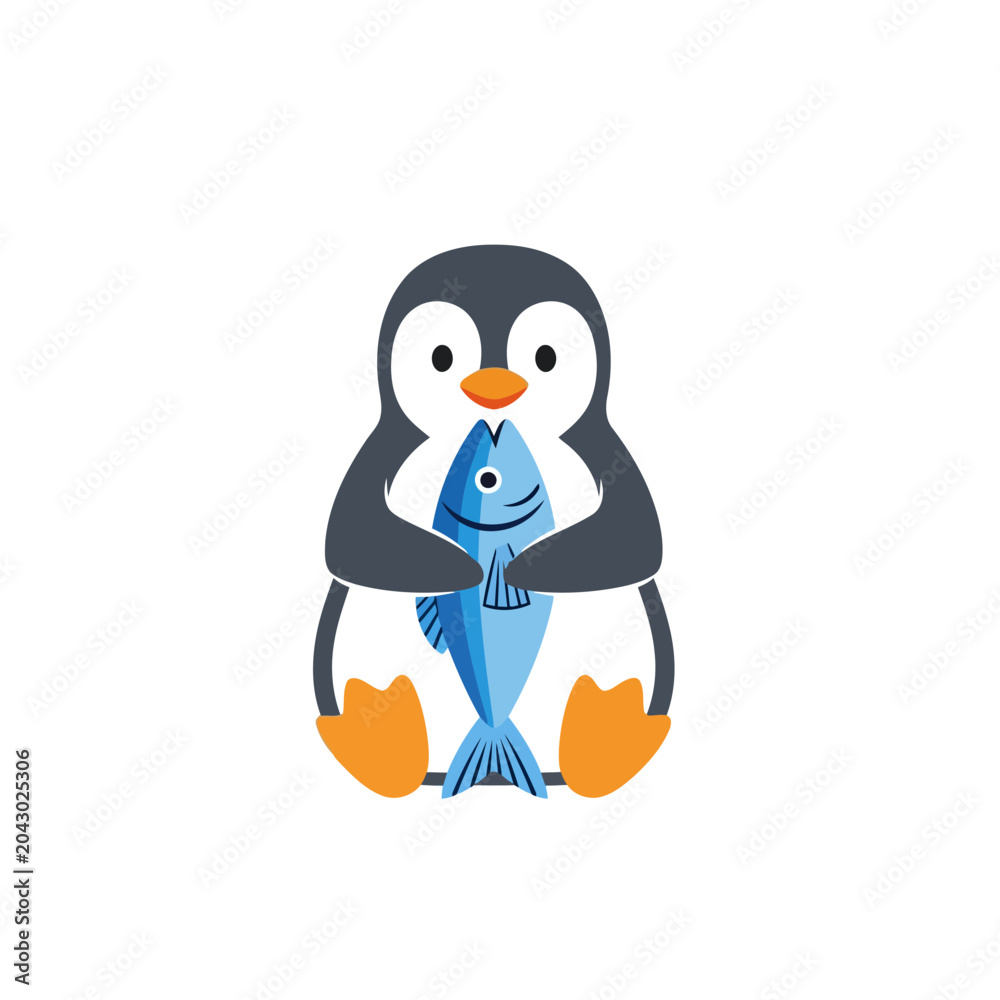 Fototapeta premium Grey and white penguin sitting on the floor, holding a large blue fish. Flat vector mascot design.