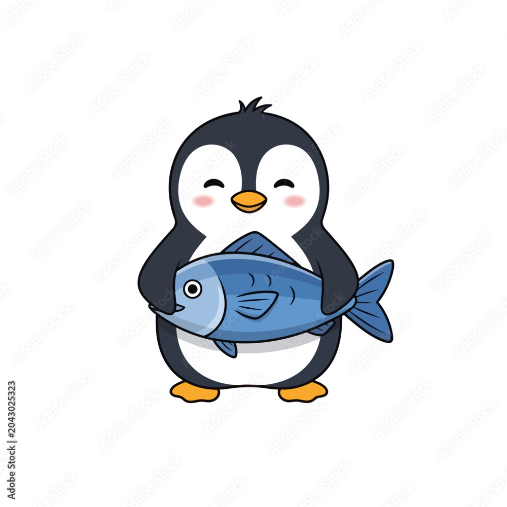 Obraz premium Penguin character standing upright and holding the blue fish horizontally. Flat vector mascot design.