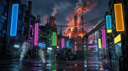 Colorful city street at night with neon signs