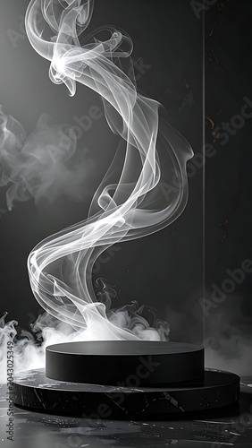 A swirling smoke rises from a black circular platform