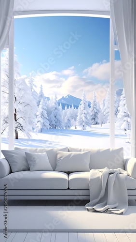 A serene winter scene viewed from a cozy living room