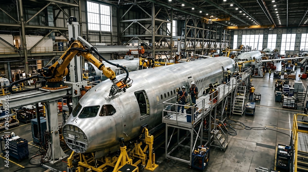Naklejka premium Airplane being assembled in a large hangar