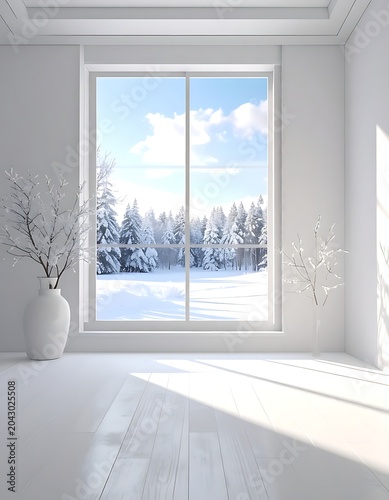 A serene winter scene viewed from a minimalist room (2)