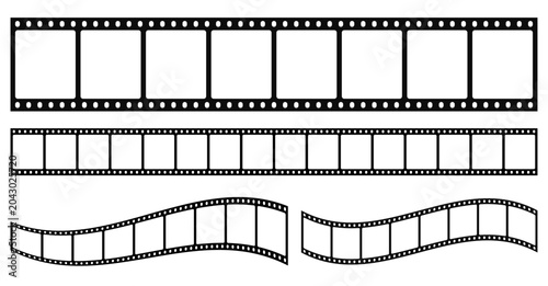 Film strip with blank black cinema tape collection. Movie, cinema reel, filmstrip, frames, photo, videos, camera, old, white and black film tapes, roll with border design set. Editable vector illustra