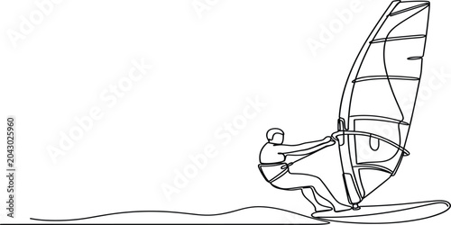 Fotografie Continuous One Line Windsurfing Athlete Illustration with Sailboard Rider on Oce