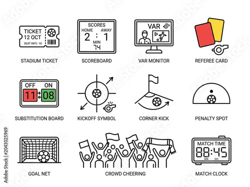 Linear icon collection of football championship match events and symbols. Clean black vector lines showing scoreboard, substitution screen, penalty spot, goal net, and cheering stadium crowd.