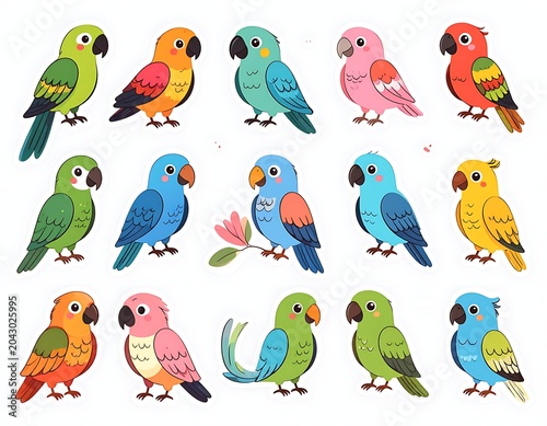 A vibrant collection of 15 colorful parrots in various poses