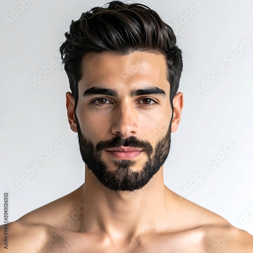 A shirtless man with dark hair and beard