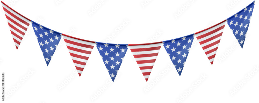 Fototapeta premium Realistic USA flag bunting with red, white, and blue stripes forms a seamless patriotic border ideal for American Independence Day designs and memorial occasions.