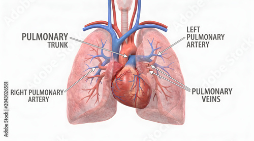 Human anatomy illustration showing the circulatory system and lungs with labels for pulmonary artery and veins