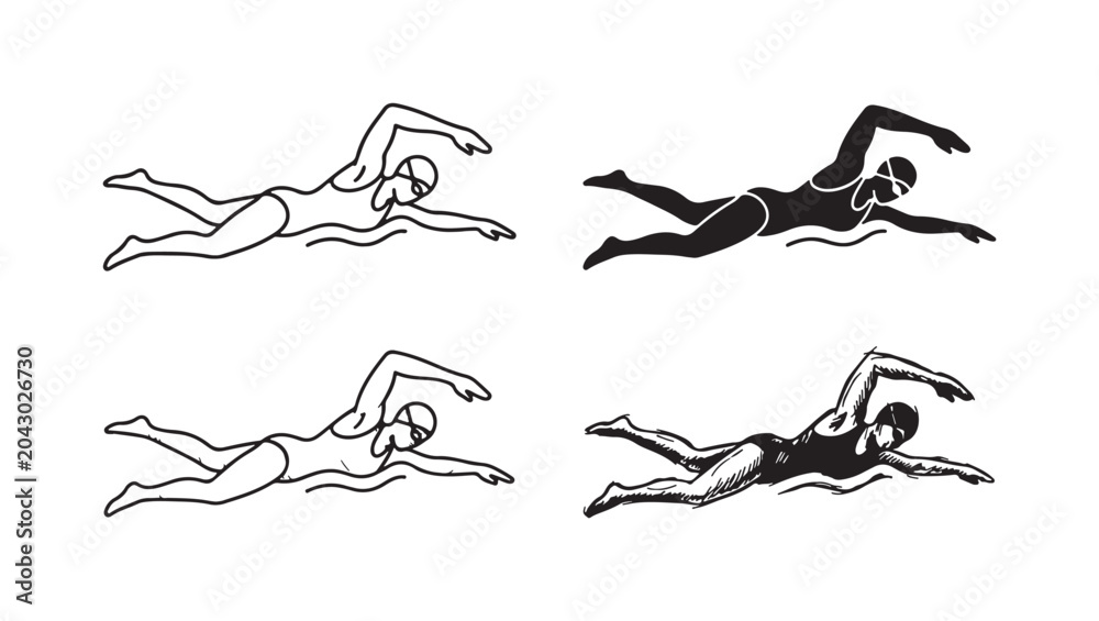 Fototapeta premium Four styles of female swimmer illustration doing the crawl stroke: line art, silhouette, detailed line, and rough sketch