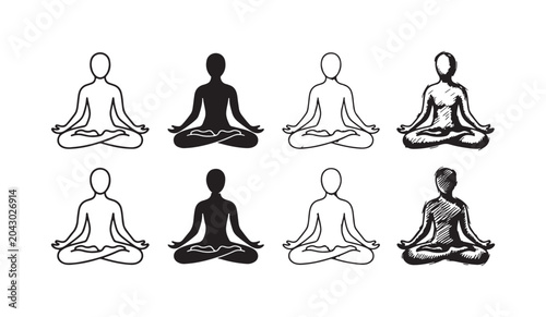 Obraz na płótnie Eight identical meditation icons, depicting a person in the lotus pose with diff