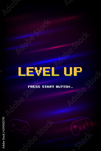 level up. pixel art 8 bit. Retro Futurism Sci-Fi Background. glowing neon grid. and stars from vintage arcade computer games. Vertical Backgrounds