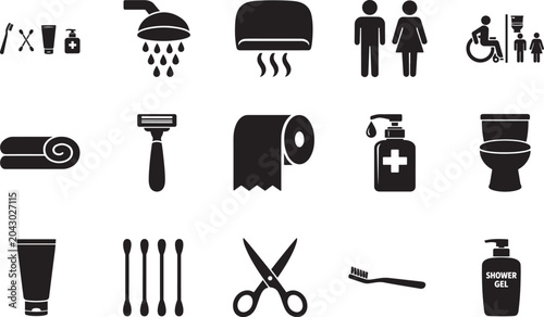 Foto Toiletries icon set with toothbrush, facial cleanser, WC and shower, solid black EPS vector art