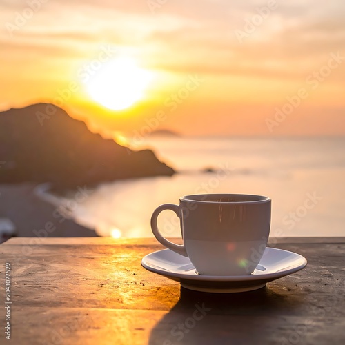 A serene beach scene with a coffee cup on a ledge