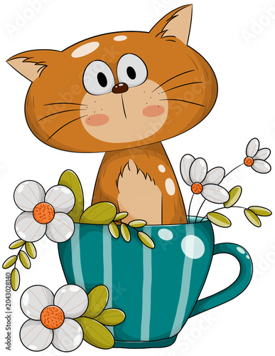 A brown cat is sitting in a coffee cup.