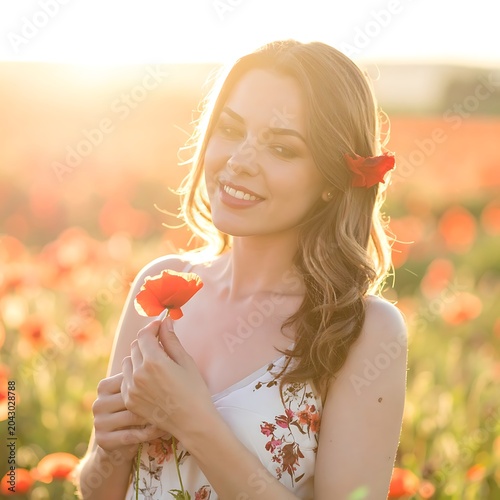 A smiling woman holding a poppy