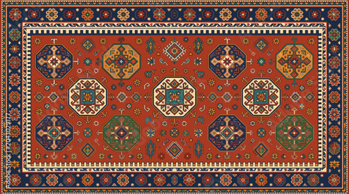 Intricate oriental rug with geometric medallions, decorative borders, and rich earthy hues.