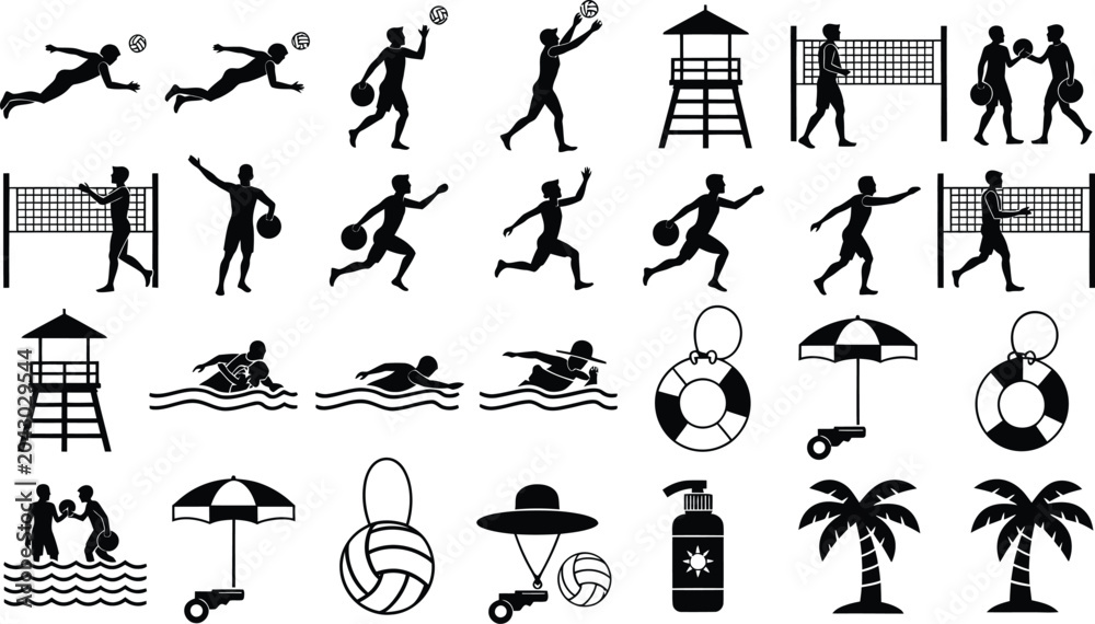 Obraz premium Sports icons illustrate beach activities, volleyball matches, and summer leisure equipment symbols.