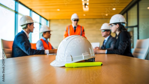 Construction team meeting in modern office with safety helmets and project planning
