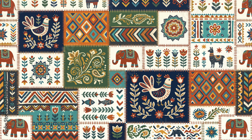 Tableau sur toile Colorful tribal textile pattern featuring elephants birds and geometric motifs in a decorative patchwork design