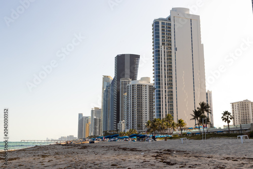 Skyscrapers and high rise tower buildings line the sandy beaches in Florida with palm trees in front of them.