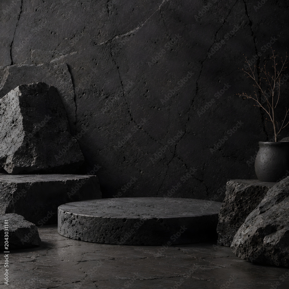 Fototapeta premium Black stone product display mockup background, elegant black modern backdrop