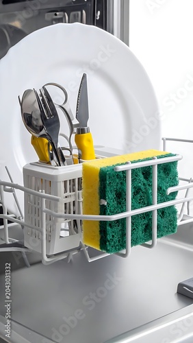 A utensil holder with dishes and sponge in a dishwasher