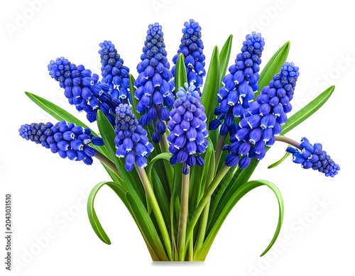 A vibrant bouquet of blue flowers with lush green leaves