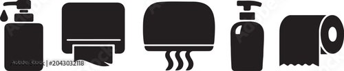 Foto Collection of bathroom essentials arranged in a neat row, solid black vector EPS icon set design