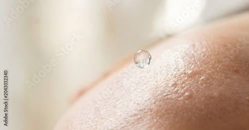 Macro shot of a clear serum droplet falling onto human skin