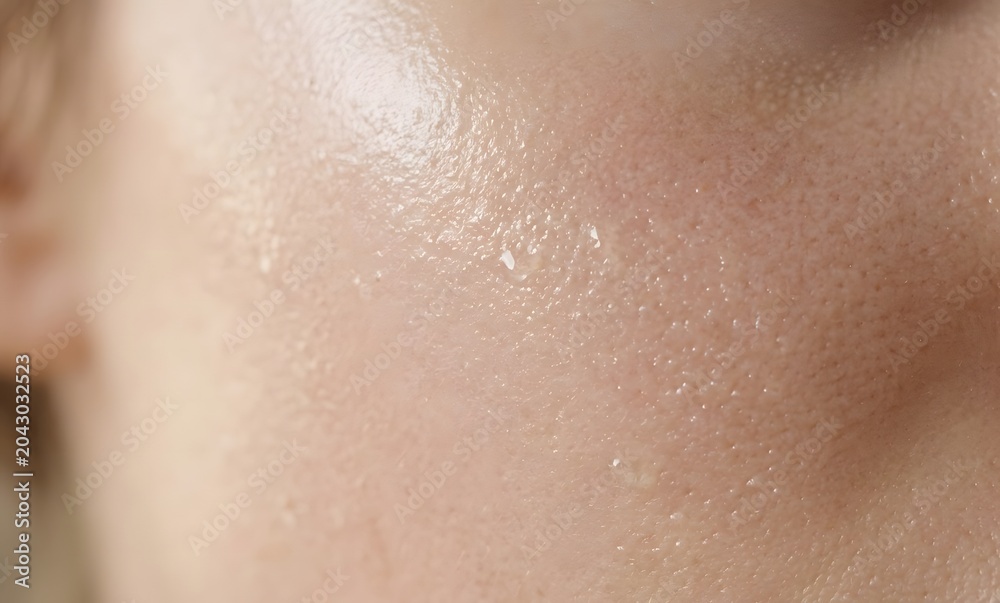 Fototapeta premium Close up of human skin texture with clear serum or gel drops