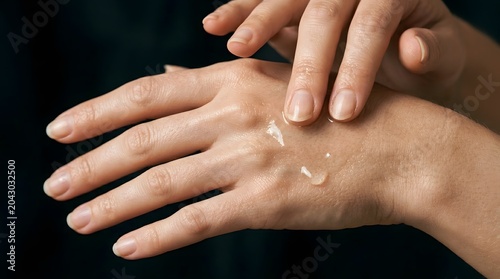 Applying clear moisturizing serum gel on the back of a hand