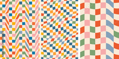 Schilderij op canvas wavy checkerboard patterns vector pattern triptych abstract