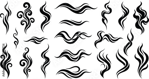 Fotografie Vector set of black silhouette smoke and steam icons features abstract swirling lines, flowing vapor shapes, and aroma scent curves isolated on a white background for design