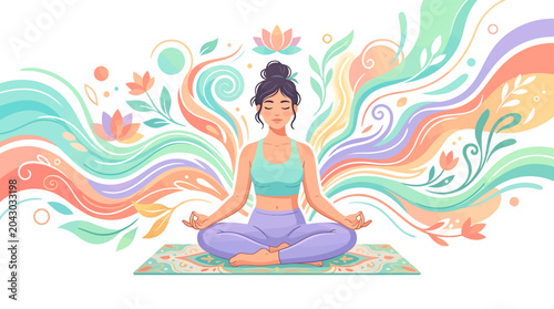 Schilderij op canvas Woman meditating in a colorful setting