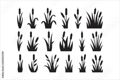 Foto Black cattail and reed grass silhouette collection flat vector isolated illustra