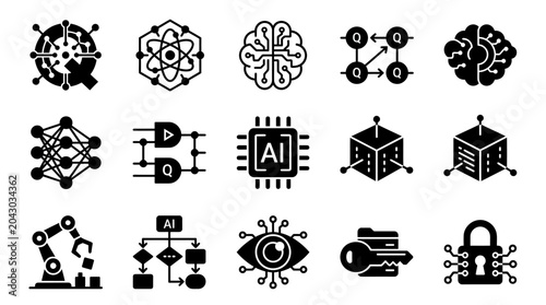 Set of Artificial Intelligence and Quantum Computing Vector Icons