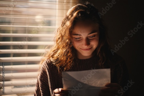 Teenage girl smiling while reading a personal letter indoors