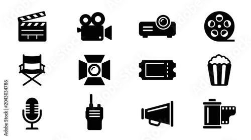 Set of Flat Black Movie Industry and Cinema Production Icons