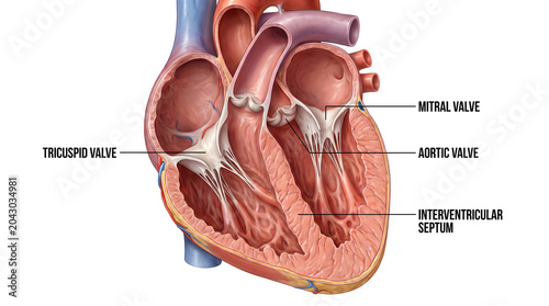 Detailed anatomical illustration of the human heart showcasing its internal structures, vital chambers, and major valves for comprehensive medical and biological study