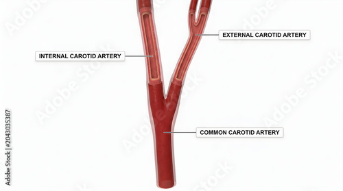 Anatomy of the common carotid artery branching into internal and external carotid arteries, crucial for blood supply to the head and neck