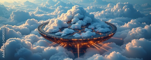 Global enterprise powered by cloud technology infrastructure, futuristic atmosphere, aerial perspective