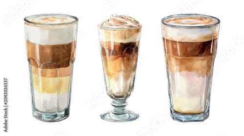 Cuadro en lienzo Three watercolor illustrations showcasing distinct coffee beverages