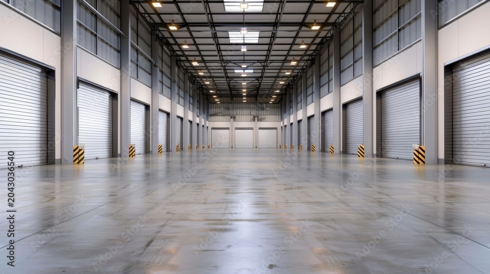 Naklejka premium Vast Empty Warehouse Interior with High Ceilings and Industrial Lighting for Storage and Distribution Use