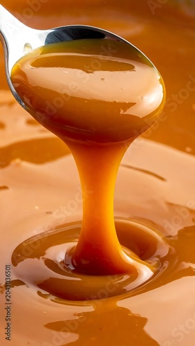 A spoon pouring a stream of golden syrup