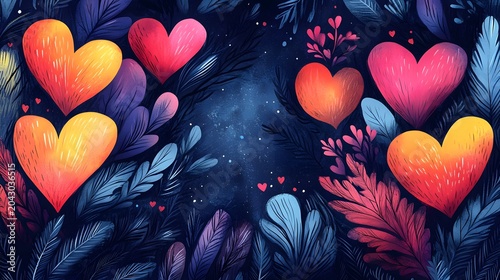 Beautiful abstract romantic bokeh background filled with glowing red and blue heart shapes