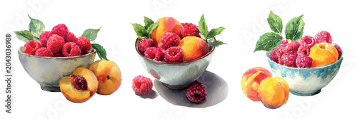Photography Fresh organic fruit selection featuring raspberries and peaches in rustic cerami